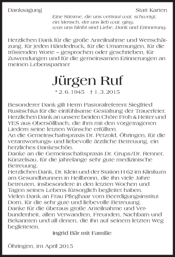 Traueranzeige von Jürgen Ruf 