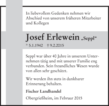 Traueranzeige von Josef Erlewein 