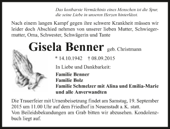 Traueranzeige von Gisela Benner 