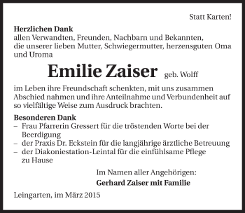 Traueranzeige von Emilie Zaiser 