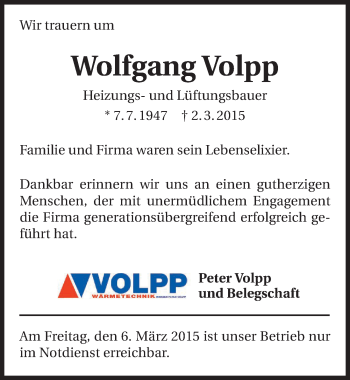 Traueranzeige von Wolfgang Volpp 