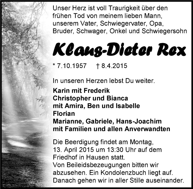  Traueranzeige für Klaus-Dieter Rex vom 10.04.2015 aus 