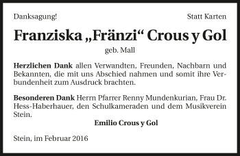 Traueranzeige von Franziska Crous y Gol 