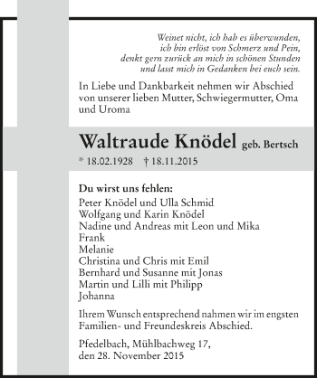 Traueranzeige von Waltraude Knödel 