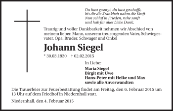 Traueranzeige von Johann Siegel 