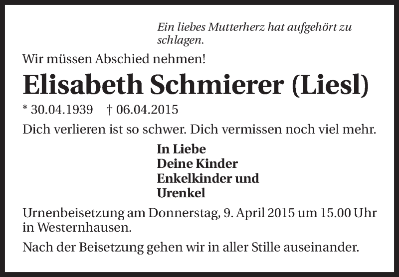 Traueranzeige für Elisabeth Schmierer vom 09.04.2015 aus 