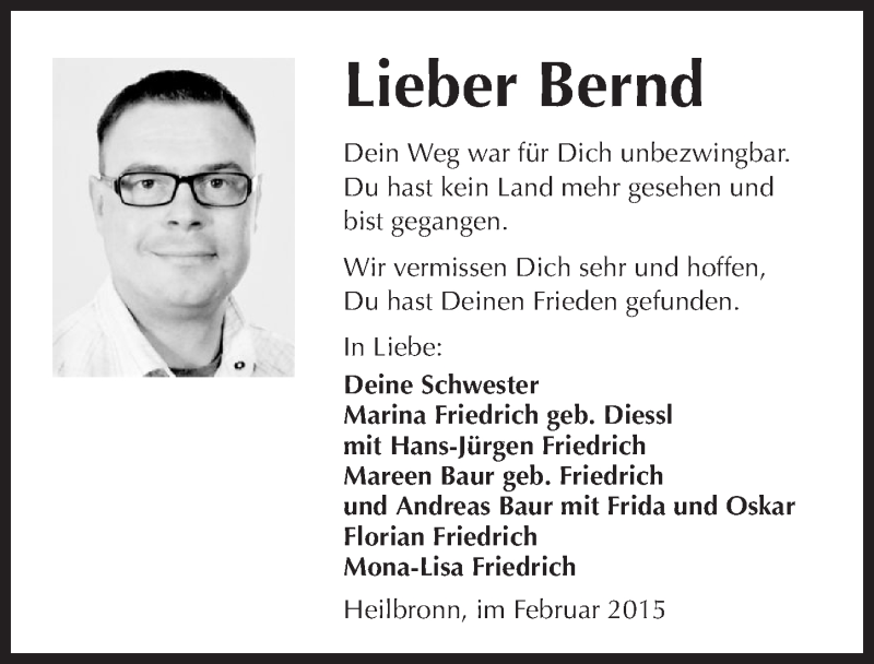  Traueranzeige für Bernd Diessl vom 20.02.2015 aus 