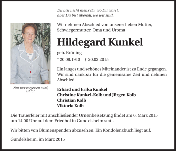 Traueranzeige von Hildegard Kunkel 