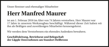 Traueranzeige von Manfred Maurer 