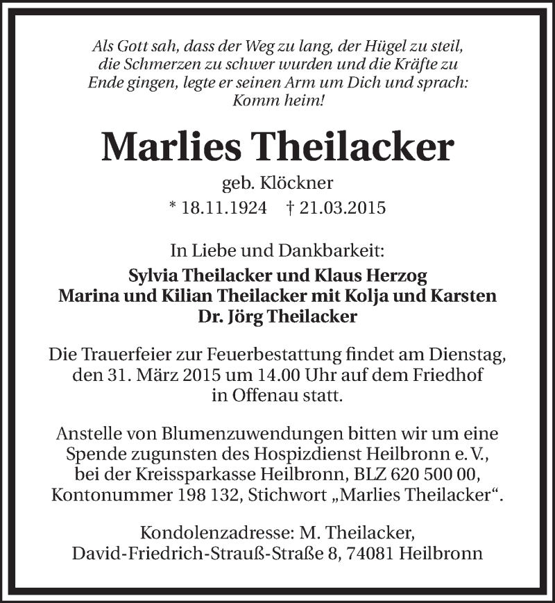  Traueranzeige für Marlies Theilacker vom 27.03.2015 aus 