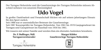 Traueranzeige von Udo Vogel 