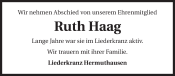 Traueranzeige von Ruth Haag 