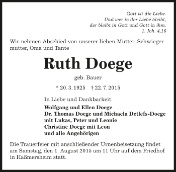 Traueranzeige von Ruth Doege 
