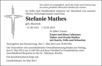 Traueranzeige von Stefanie Mathes 