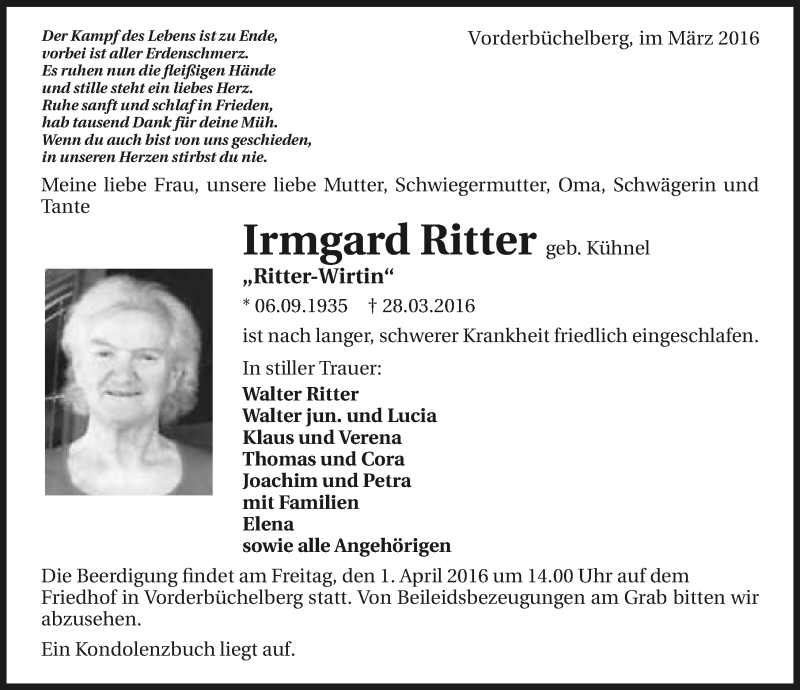  Traueranzeige für Irmgard Ritter vom 30.03.2016 aus 