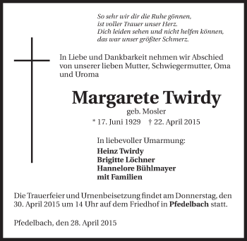 Traueranzeige von Margarete Twirdy 