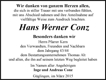 Traueranzeige von Hans Werner Conz 