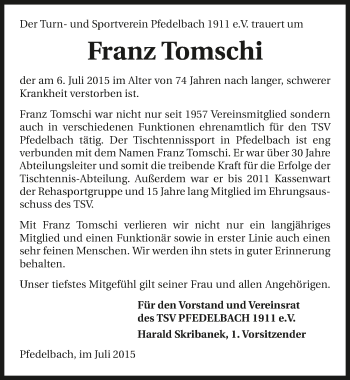 Traueranzeige von Franz Tomschi 