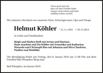 Traueranzeige von Helmut Köhler 