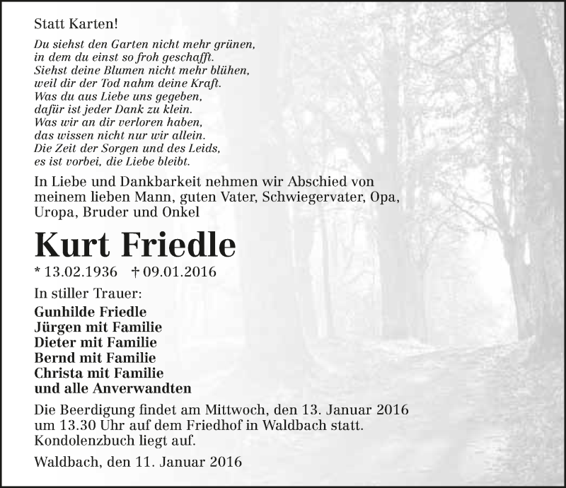  Traueranzeige für Kurt Friedle vom 11.01.2016 aus 