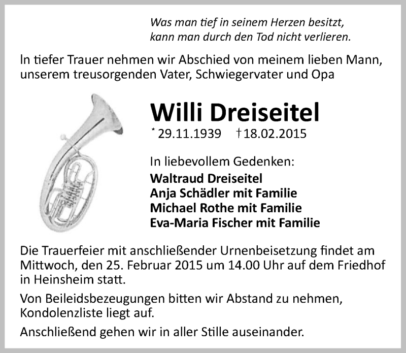  Traueranzeige für Willi Dreiseitel vom 21.02.2015 aus 
