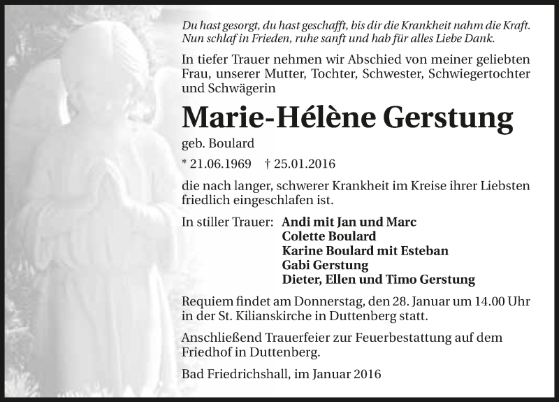  Traueranzeige für Marie-Hélène Gerstung vom 26.01.2016 aus 