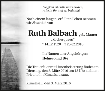 Traueranzeige von Ruth Balbach 