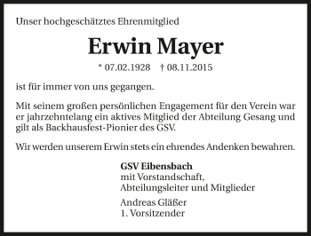 Traueranzeige von Erwin Mayer 