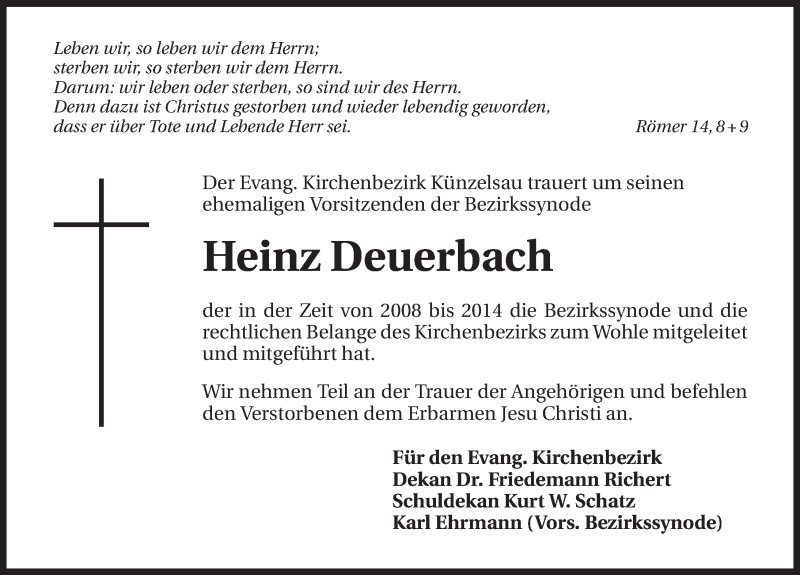  Traueranzeige für Heinz Deuerbach vom 12.02.2015 aus 