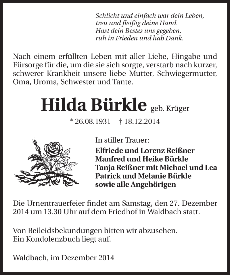  Traueranzeige für Hilda Bürkle vom 23.12.2014 aus 