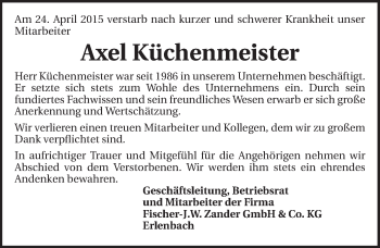 Traueranzeige von Axel Küchenmeister 