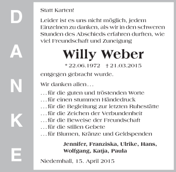 Traueranzeige von Willy Weber 