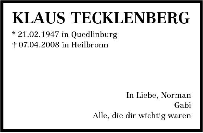  Traueranzeige für Klaus Tecklenberg vom 10.04.2008 aus 
