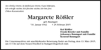 Traueranzeige von Margarete Rößler 