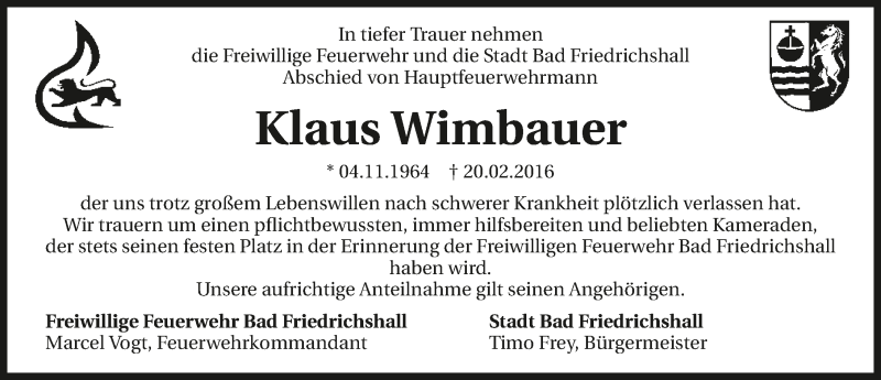  Traueranzeige für Klaus Wimbauer vom 25.02.2016 aus 