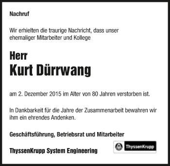 Traueranzeige von Kurt Dürrwang 