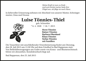 Traueranzeige von Luise Tönnies-Thiel 