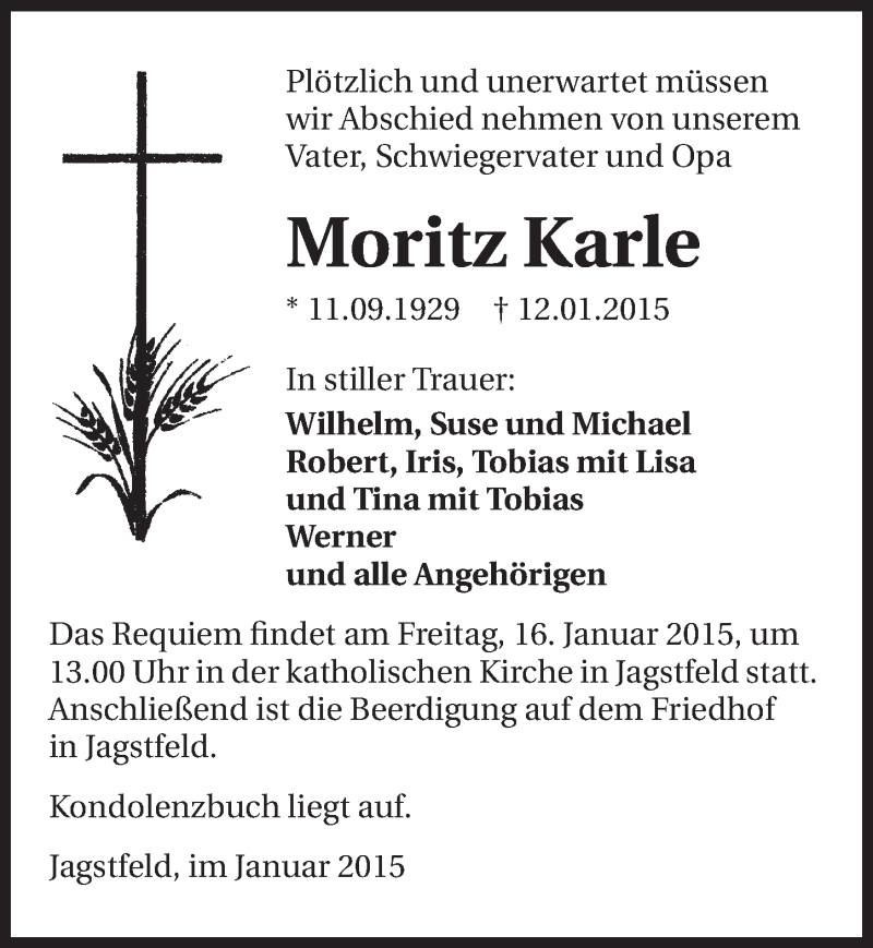  Traueranzeige für Moritz Karle vom 13.01.2015 aus 