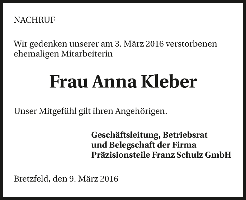  Traueranzeige für Anna Kleber vom 09.03.2016 aus 