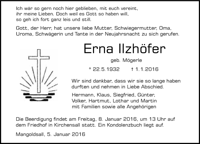  Traueranzeige für Erna Ilzöfer vom 05.01.2016 aus 