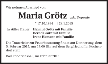 Traueranzeige von Maria Grötz 