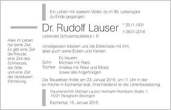 Traueranzeige von Rudolf Lauser 