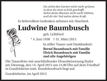 Traueranzeige von Ludwine Baumbusch 