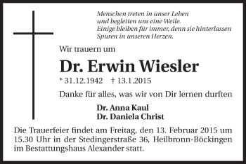 Traueranzeige von Erwin Wiesler 