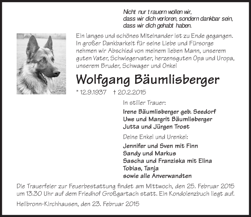  Traueranzeige für Wolfgang Bäumlisberger vom 23.02.2015 aus 
