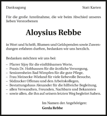 Traueranzeige von Aloysius Rebbe 