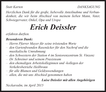 Traueranzeige von Erich Deissler 