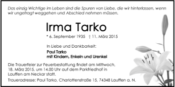 Traueranzeige von Irma Tarko 