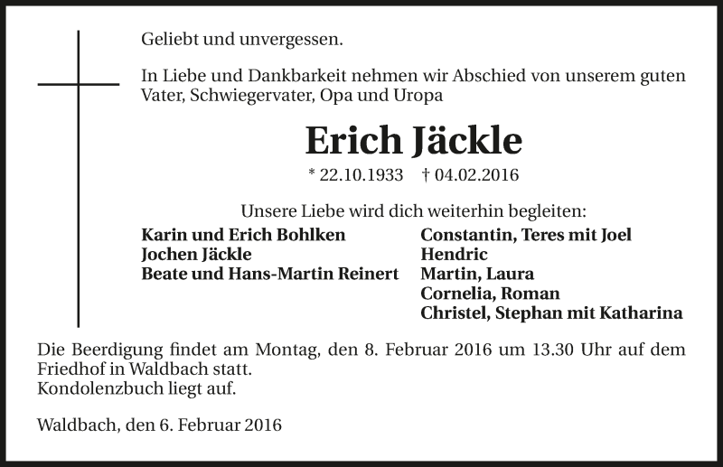  Traueranzeige für Erich Jäckle vom 06.02.2016 aus 