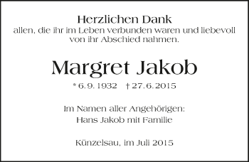 Traueranzeige von Margret Jakob 